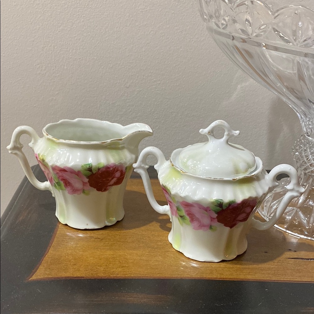 Antique Leuchtenburg Germany Porcelain Lusterware Roses Creamer & Sugar Bowl!